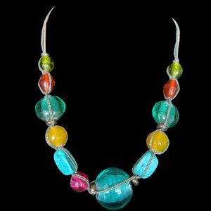 Chunky Glass‎ And Faux Turquoise Stone Necklace